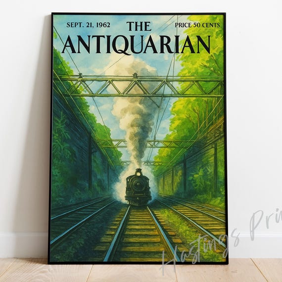 New Yorker Style Vintage Magazine Cover The Antiquarian Collectible Print Forest Locomotive