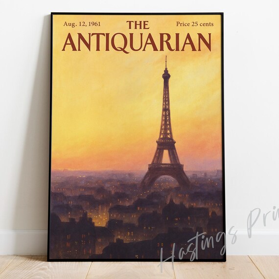 The Antiquarian Eiffel Tower Paris Sunset Vintage Magazine Poster