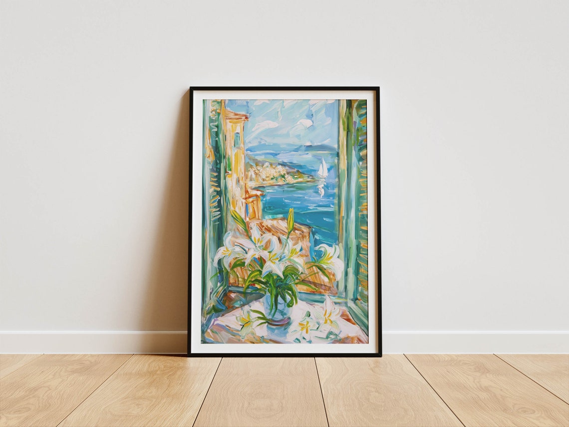 Henri Matisse Style White Lilies Vase Seaside Window View Poster - Image 4