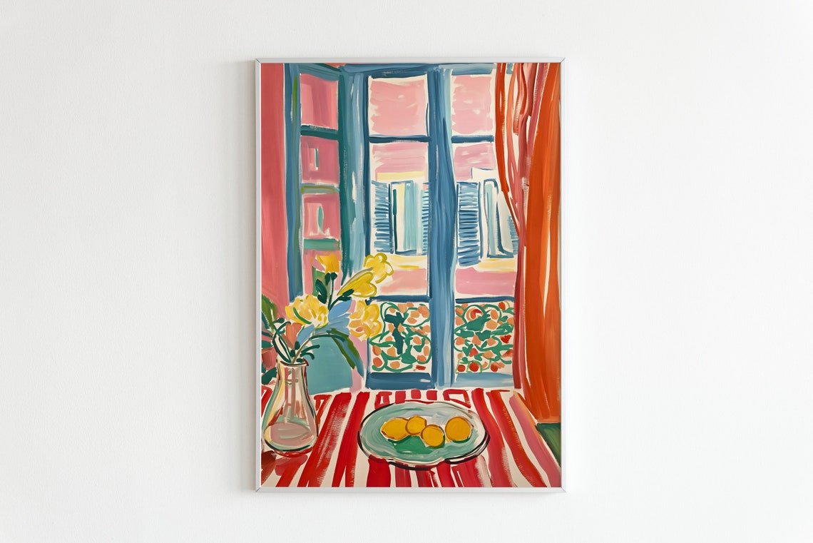 Henri Matisse Style Open Window Lemons Striped Tablecloth Poster