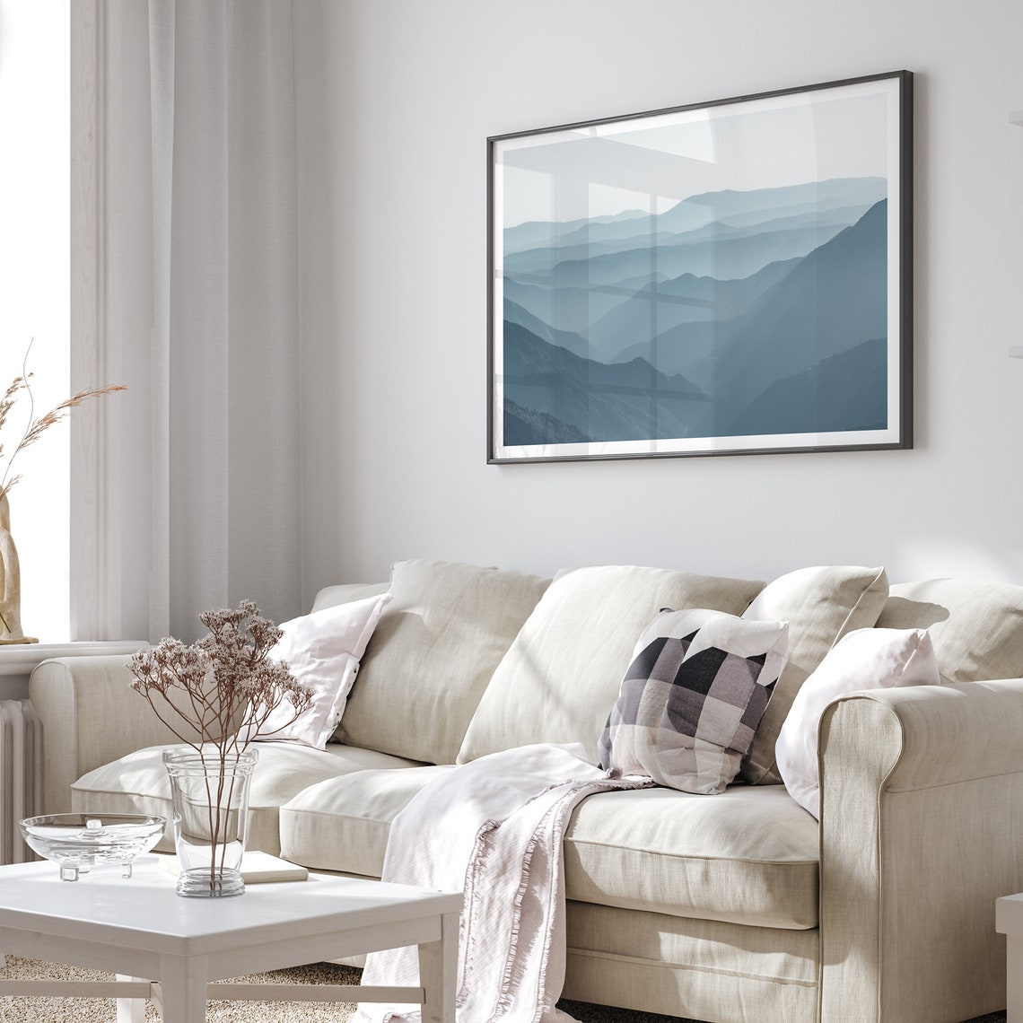 Blue Layered Mountain Ranges Hazy Minimalist Landscape Wall Art Poster - Image 2