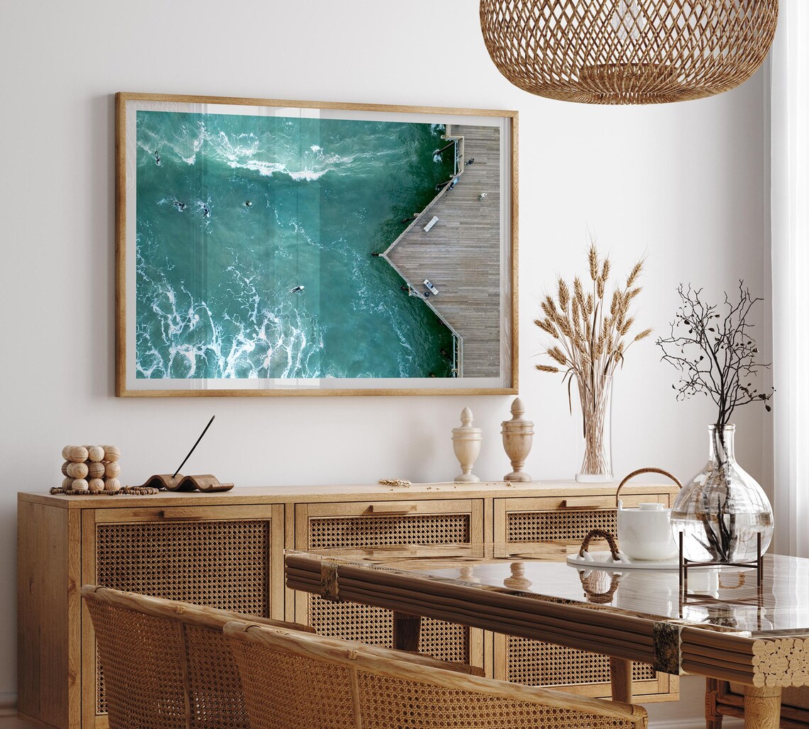Aerial Surfers Turquoise Ocean Wooden Pier Pismo Beach Drone Poster - Image 3