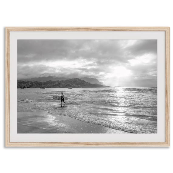 Kauai Surf, Hanalei Bay Black and White Travel Poster