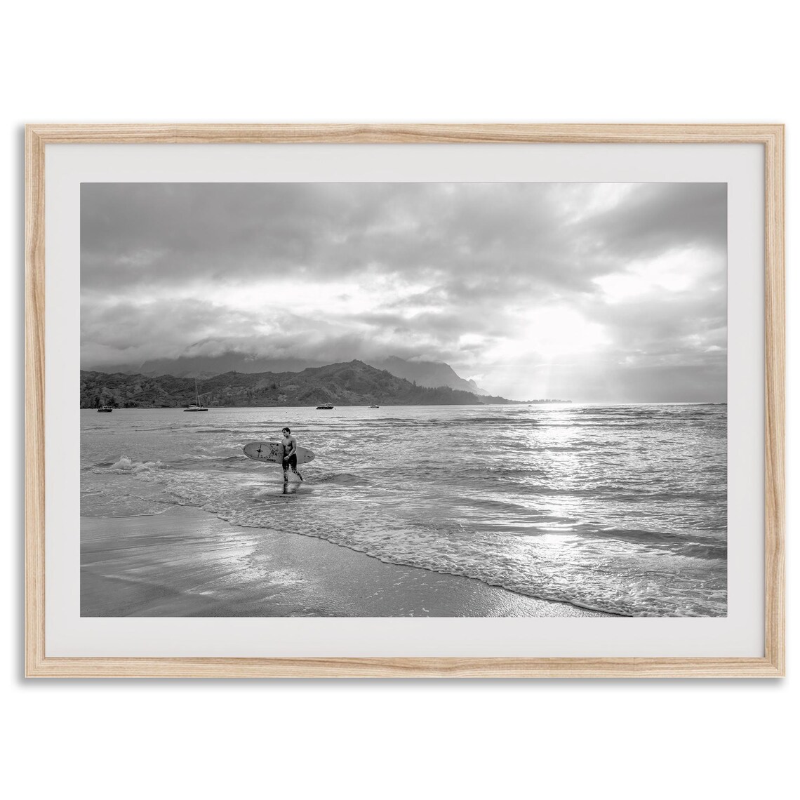 Kauai Surf, Hanalei Bay Black and White Travel Poster