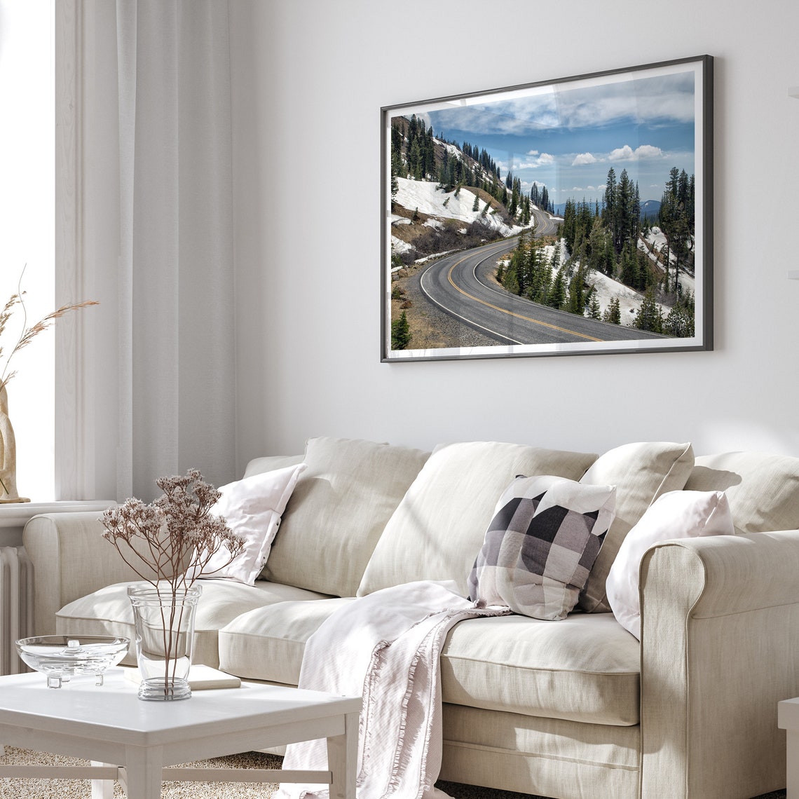 Mountain Road Winding Through Snowy Pines Blue Sky Scenic Drive Poster - Image 3