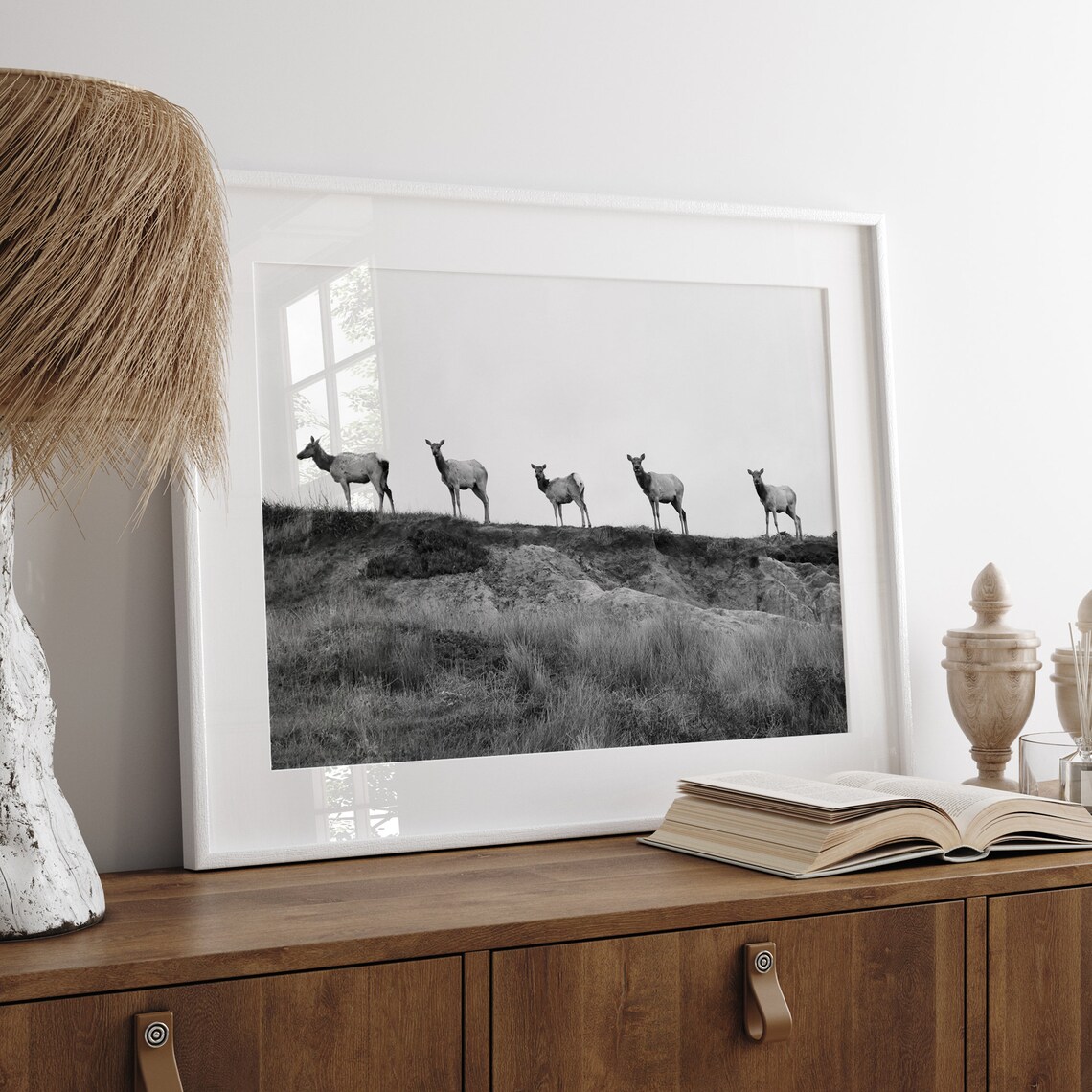 Elk Herd Foggy Meadow Minimalist Black And White Wildlife Poster - Image 2