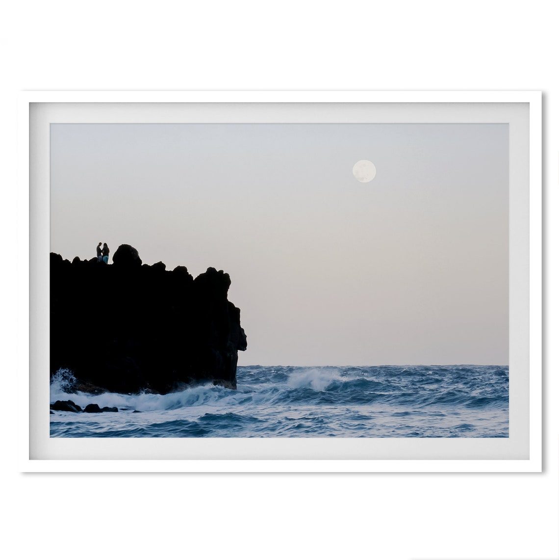 Ocean Moonrise Rocky Cliff Couple Silhouette Waves Night View Poster