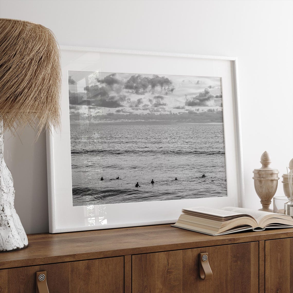Black And White Surfers Waiting Waves Ocean Sunset Clouds Poster - Image 2