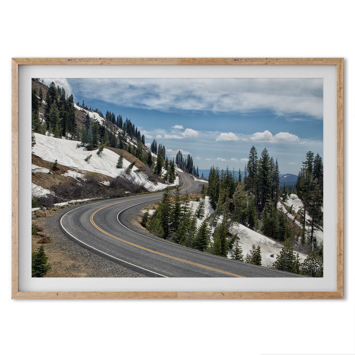 Mountain Road Winding Through Snowy Pines Blue Sky Scenic Drive Poster