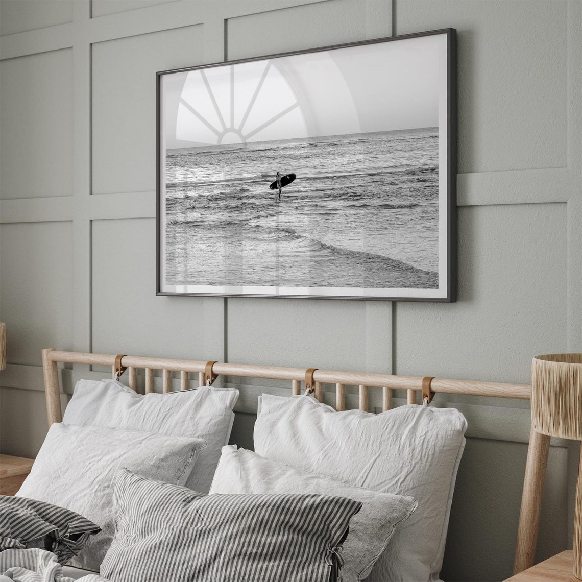 Woman Surfer Walking Out Ocean Longboard Black And White Beach Poster - Image 3