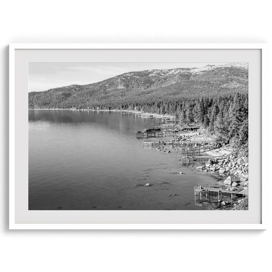Lake Tahoe Black And White Shoreline Docks Pine Forest Lake Poster