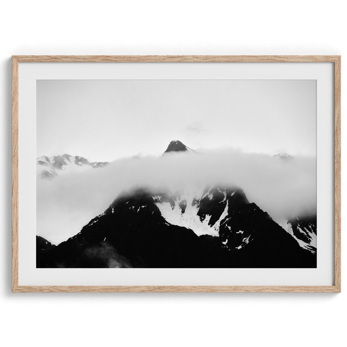 Black And White Mountain Peak Above Clouds Snow Summit View Poster
