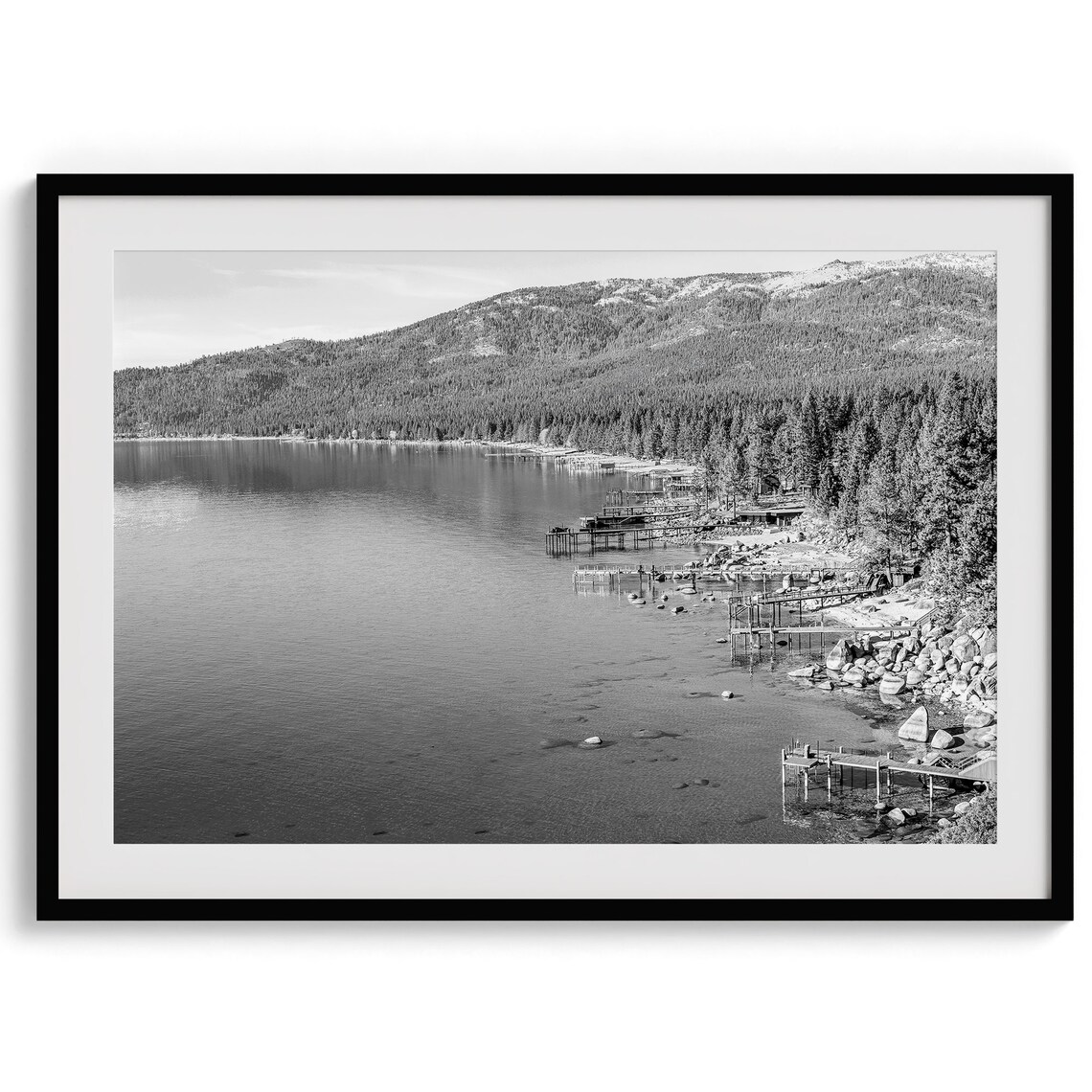 Lake Tahoe Black And White Shoreline Docks Pine Forest Lake Poster - Image 5