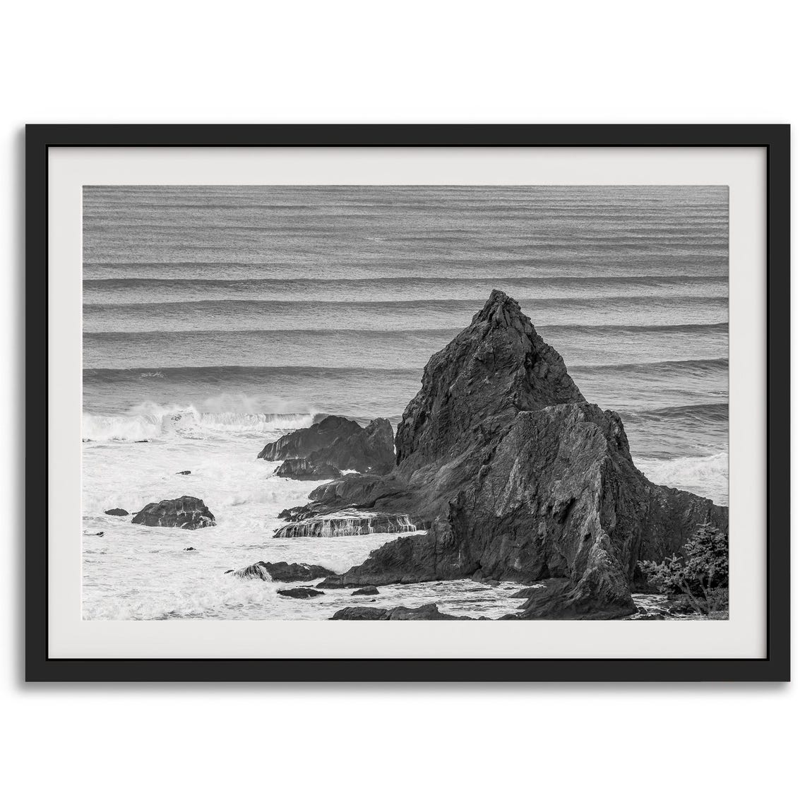 Rocky Sea Stack Rhythmic Ocean Waves Black And White Coastal Poster