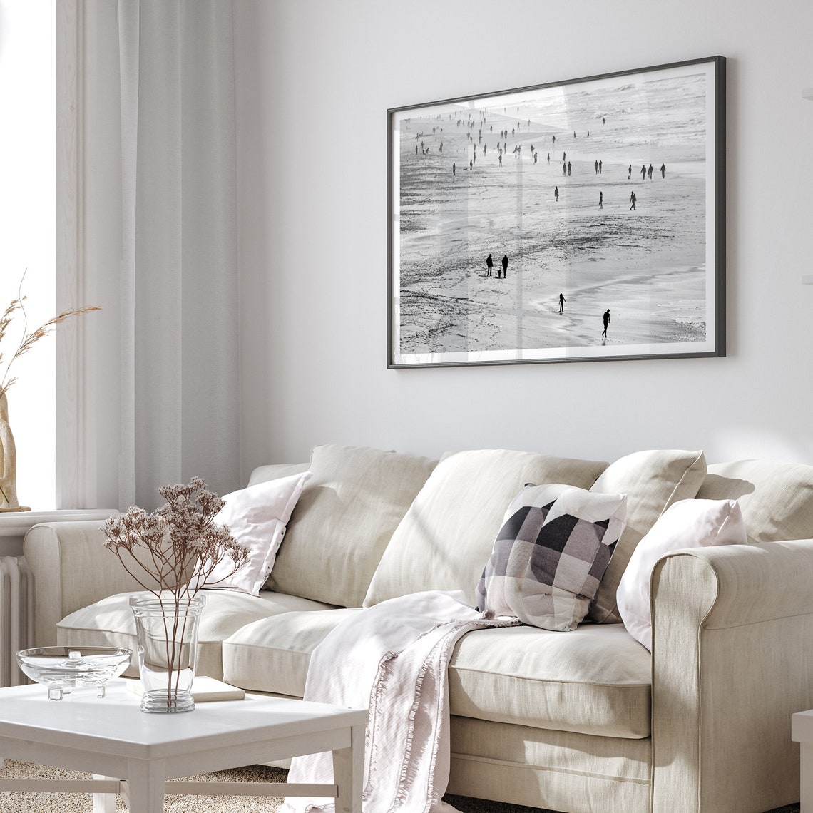 Black And White Crowded Beach People Shore Silhouettes View Poster - Image 3