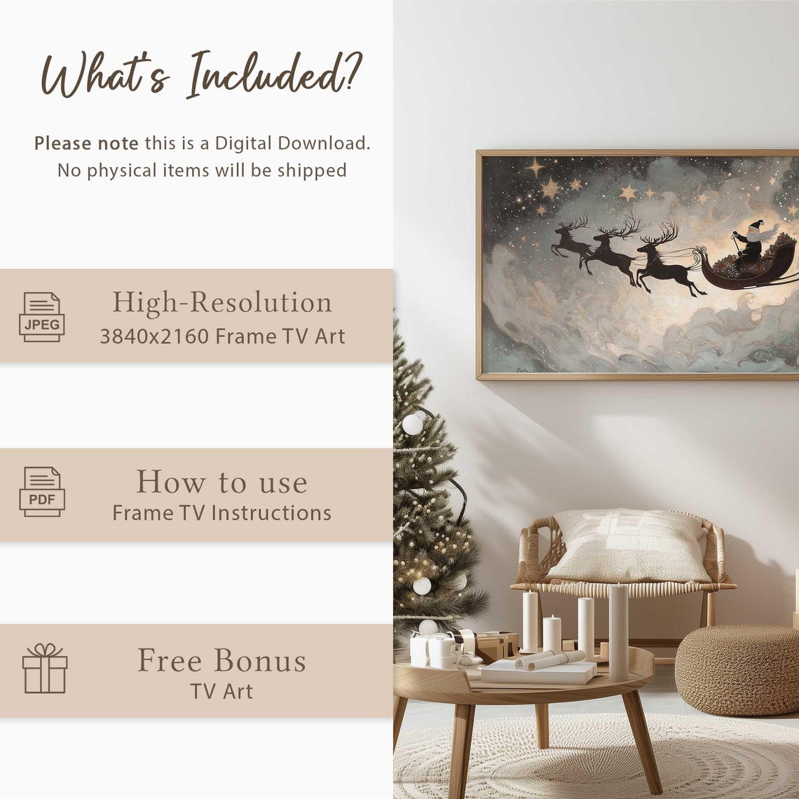 Santa Sleigh Reindeer Silhouettes Starry Night Christmas Wall Art - Image 5