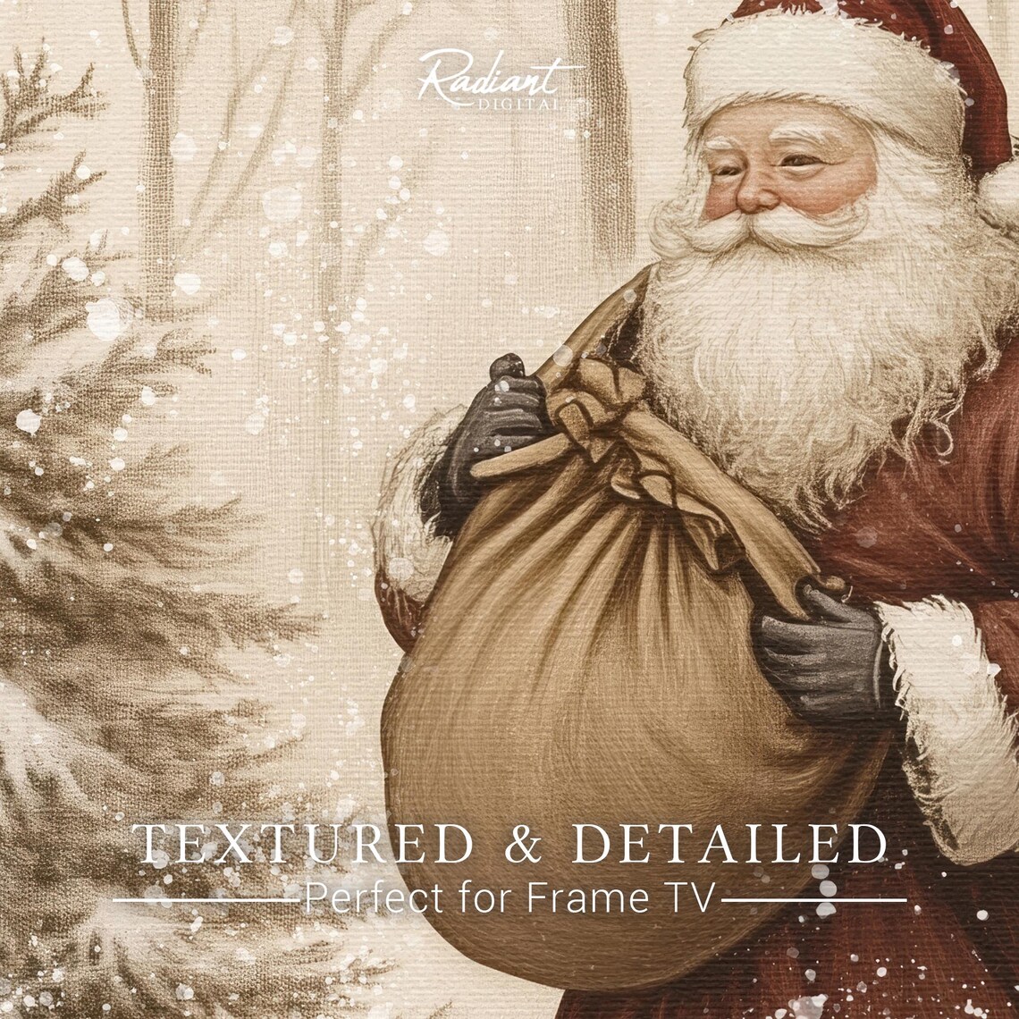 Vintage Neutral Santa Walking Snowy Forest Sketch Style Wall Art - Image 2