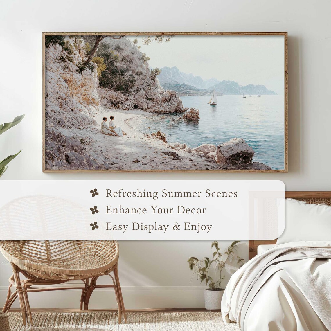 Serene Coastal Cliff Cove Sailboats Calm Beach Escape Wall Art - Image 2