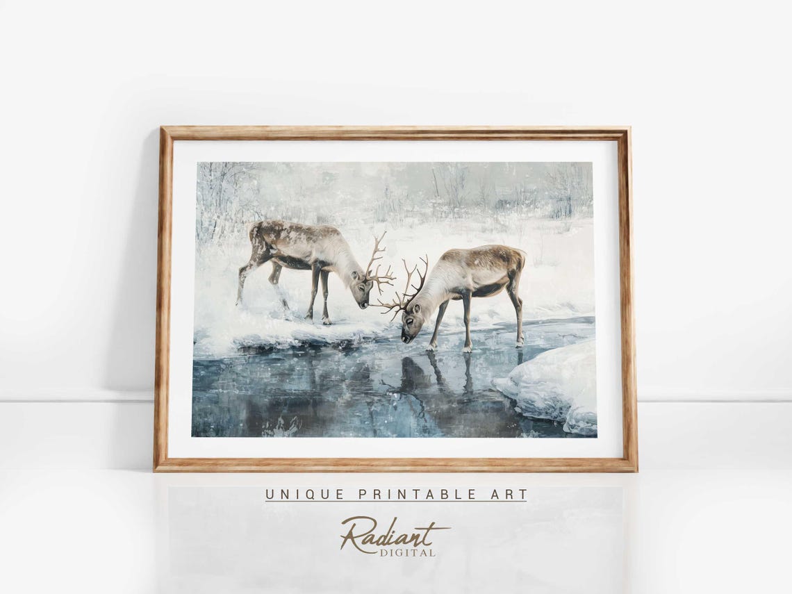Two Reindeer Drinking at a Frozen Stream Winter Watercolor Poster
