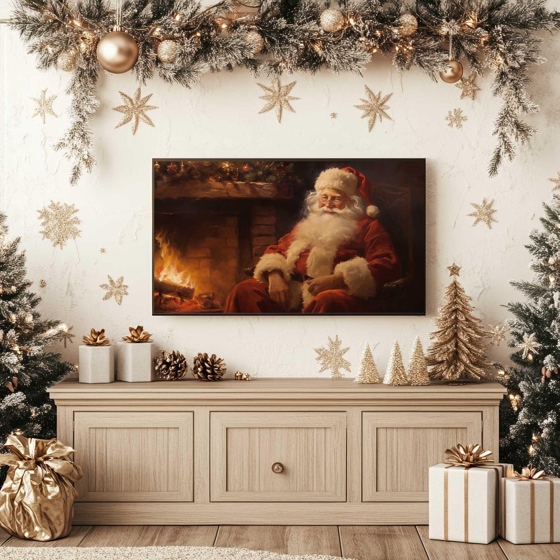 Santa Claus By Fireplace With Garland Cozy Christmas Wall Art - Image 5