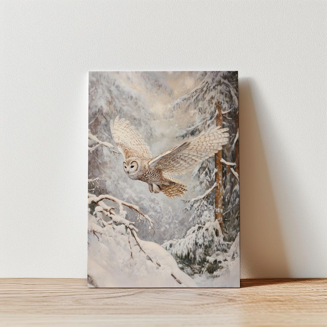 Barn Owl Soaring over Snow Covered Pines in Warm Glow Poster - Image 3