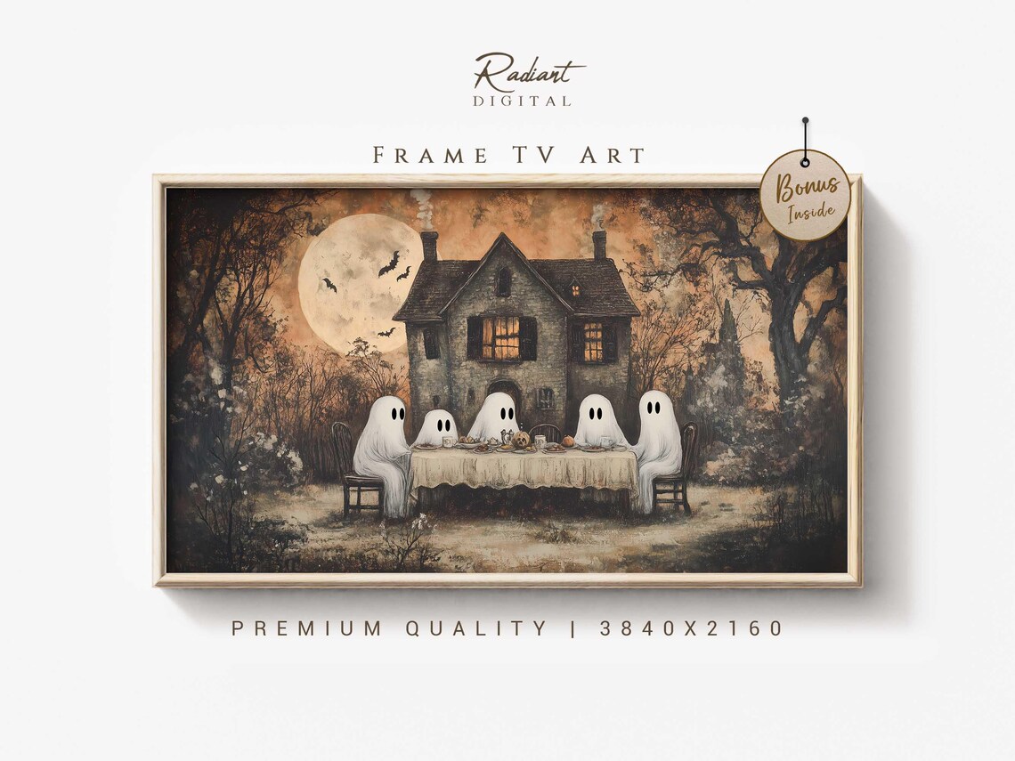 Ghost Tea Party at Haunted House Full Moon Halloween Art Poster