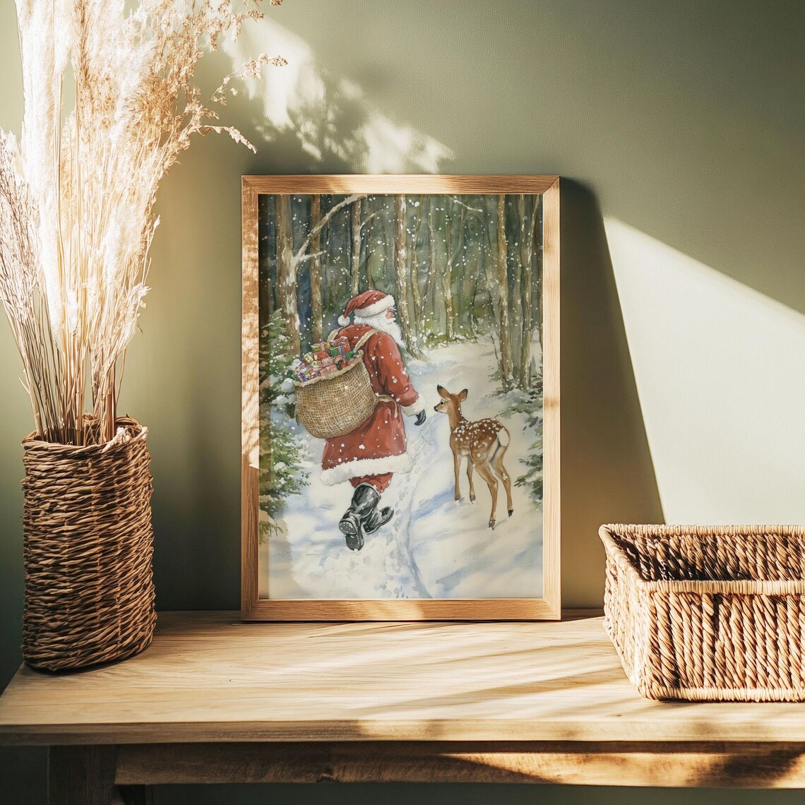 Santa and Fawn Walking Snowy Forest Watercolor Christmas Poster - Image 3