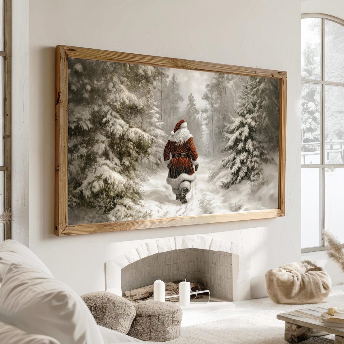 Walking Santa Snowy Pine Forest Path Vintage Winter Scene Wall Art - Image 3