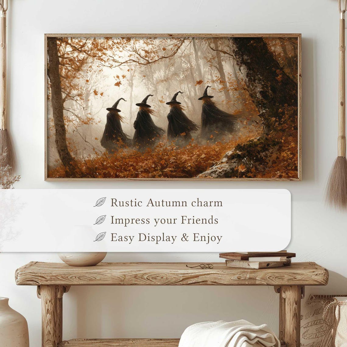 Four Witches Walking Through Misty Glowing Golden Autumn Forest Poster - Image 4