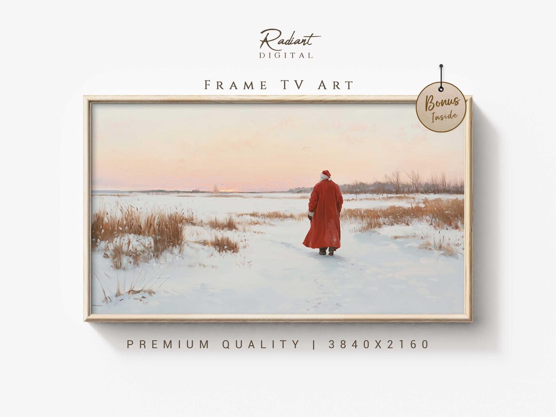 Serene Santa Walking Snowy Field Sunset Winter Scene Wall Art