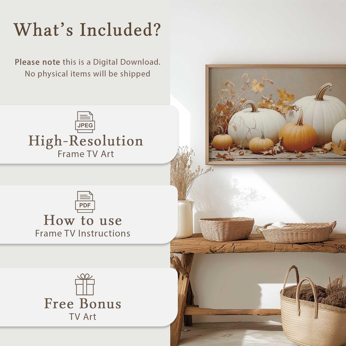 White Pumpkin Harvest Neutral Fall Still Life Autumn Wall Art - Image 3