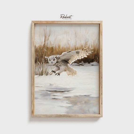 Snowy Owl Flying over Frozen Pond Golden Reeds Winter Poster