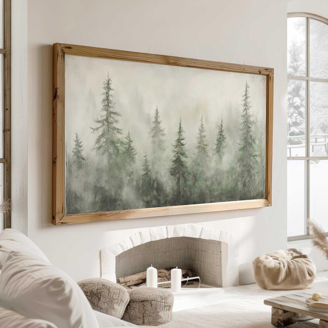 Misty Pine Forest Soft Sage Green Minimalist Winter Watercolor Poster - Image 3