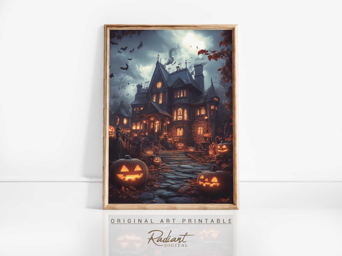 Haunted House Jack O Lanterns Bats Moonlit Night Halloween Art Poster