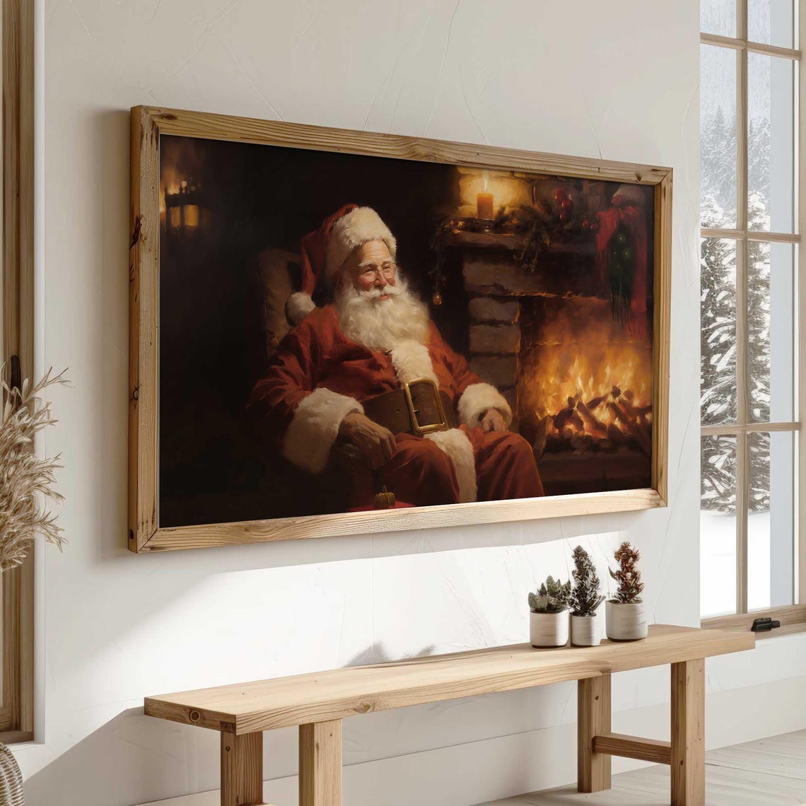Santa Claus Resting By Cozy Fireplace Christmas Eve Wall Art - Image 3