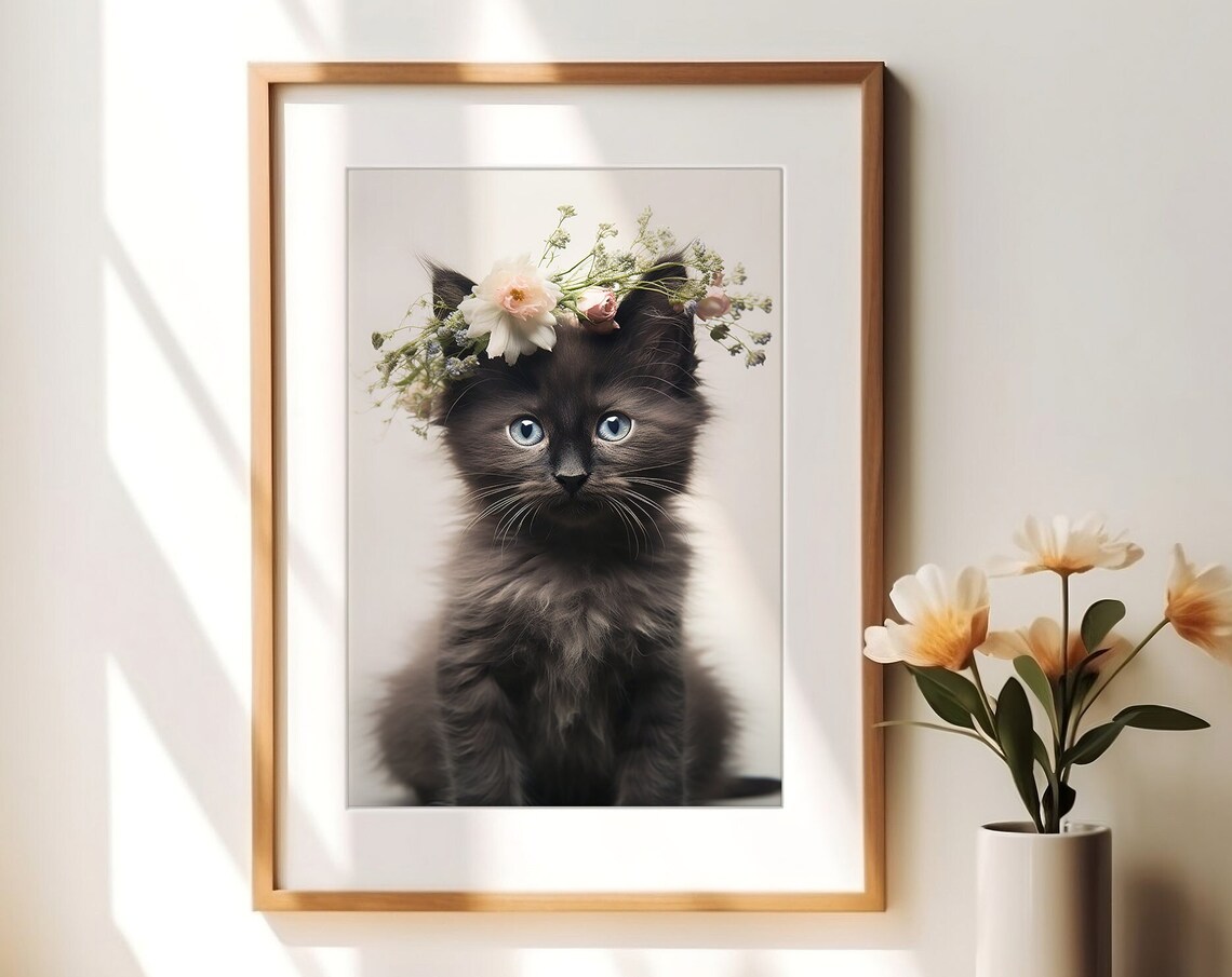 Black Kitten Floral Crown Art Print, Nursery Decor