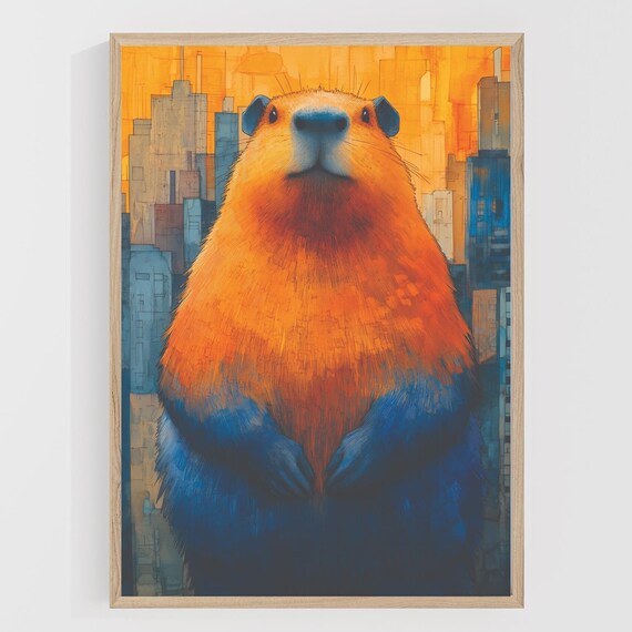 Orange Blue Capybara Portrait Over Golden Cityscape Art Poster