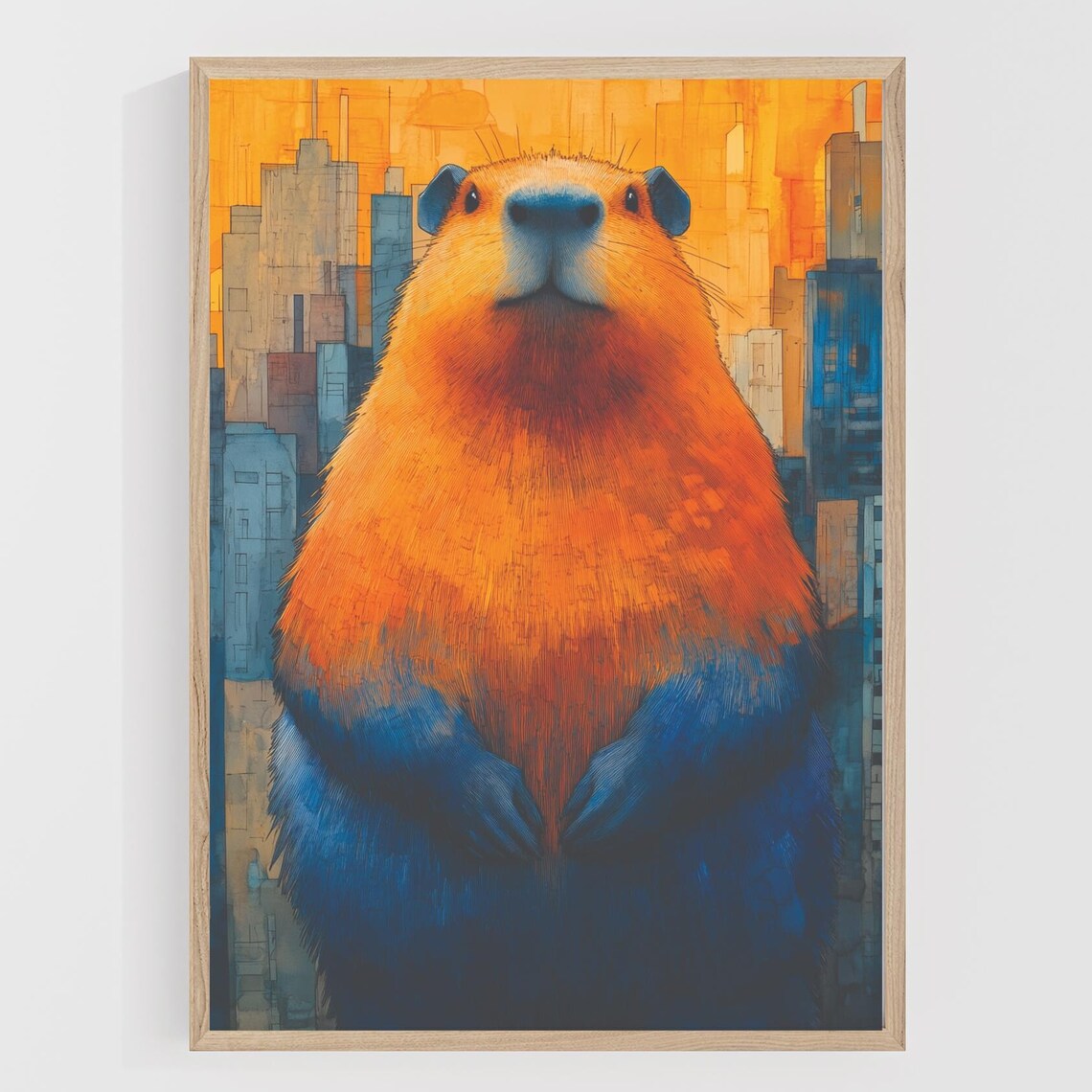 Orange Blue Capybara Portrait Over Golden Cityscape Art Poster
