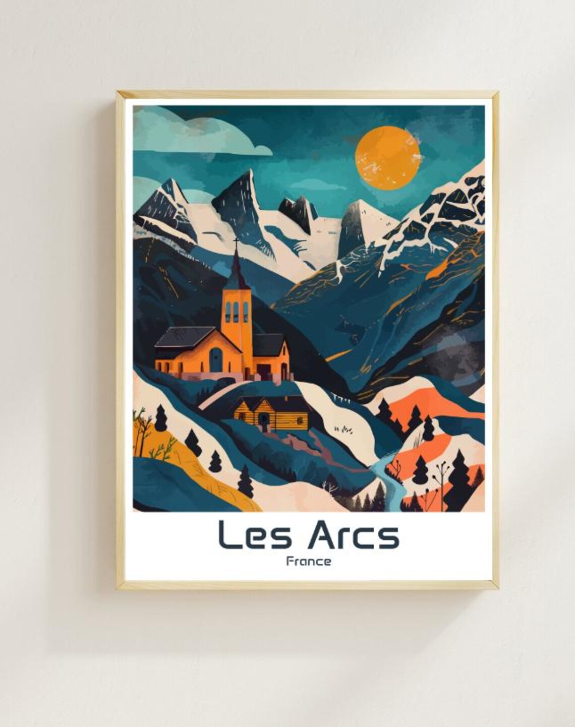 Les Arcs France Alpine Church Village Snow Peaks Sunset Travel Poster