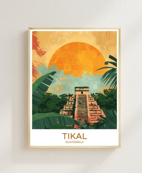 Tikal Guatemala Ancient Mayan Pyramid Sunset Jungle Travel Poster