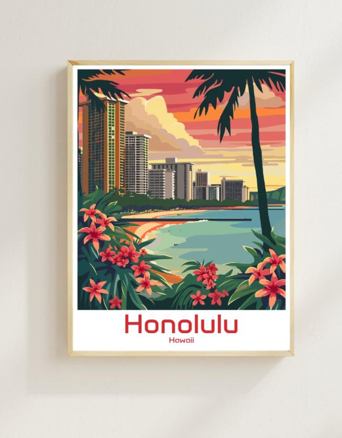 Honolulu Hawaii Waikiki Beach Skyline Palms Flowers Tropical Poster