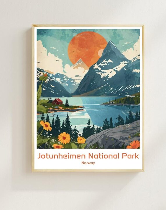 Jotunheimen National Park Norway Mountain Lake Illustration Poster