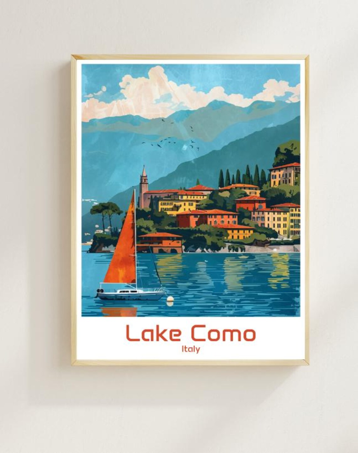 Lake Como Italy Sailboat Lakeside Village Alpine Travel Poster