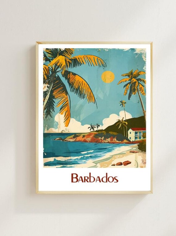Barbados Tropical Beach Palm Trees Sunset Cove Vintage Poster