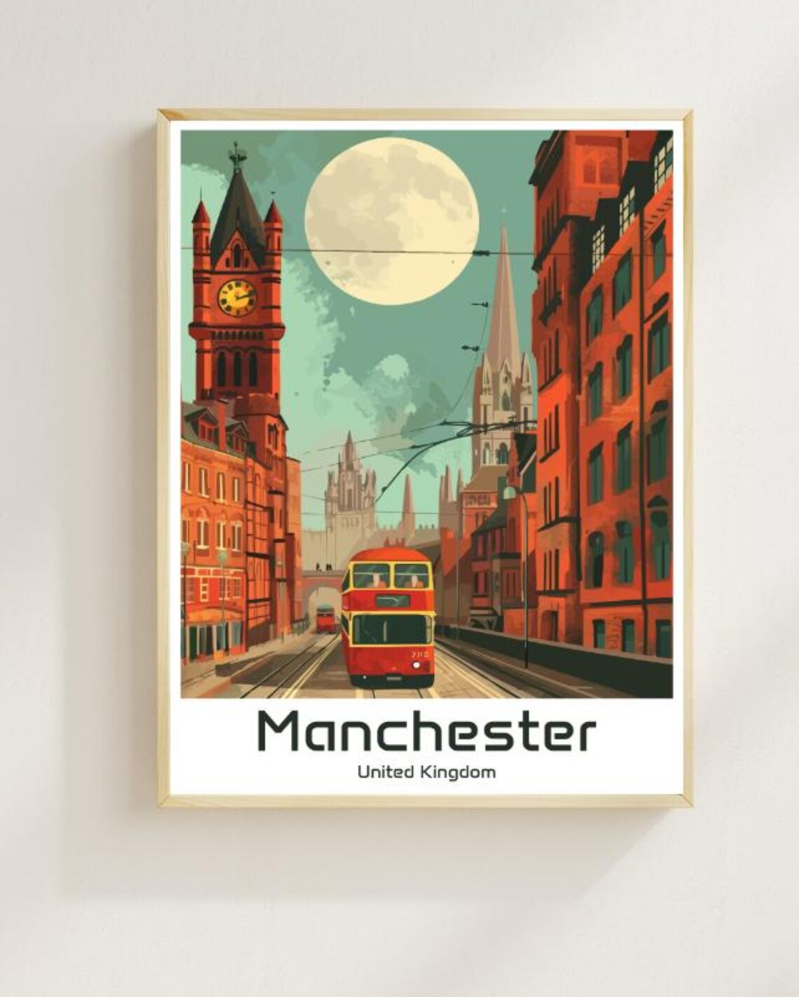 Manchester Vintage Tram Cityscape Travel Poster Under Full Moon