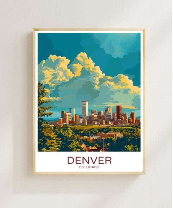 Denver Colorado Travel Poster Mountain Skyline Dramatic Clouds Vintage Art