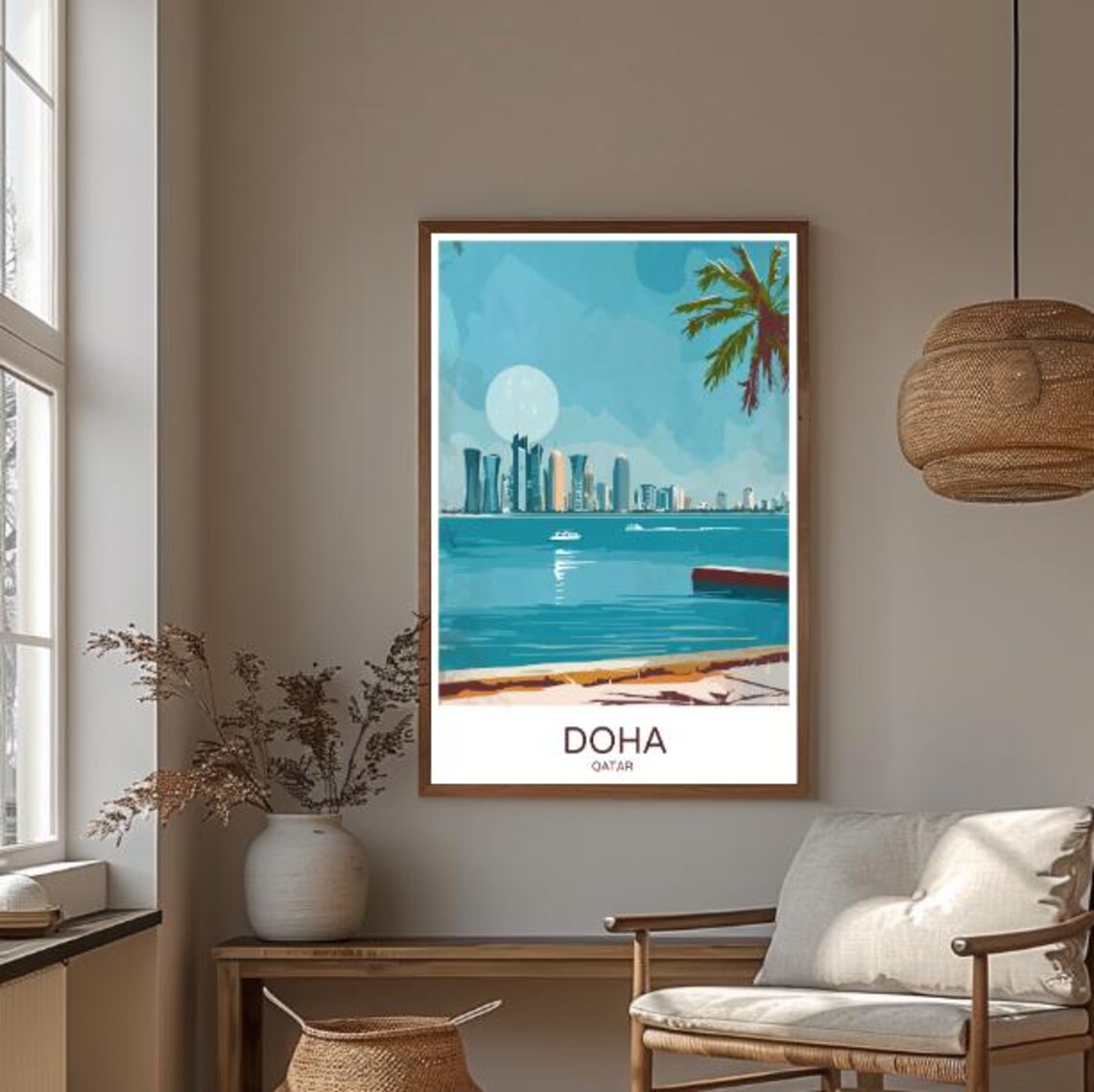 Doha Qatar Travel Poster Waterfront Skyline With Palm And Moon Art - Image 3