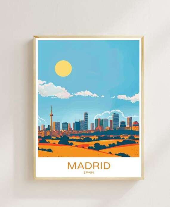 Madrid Spain Skyline Travel Poster With Golden Sun And Fields View