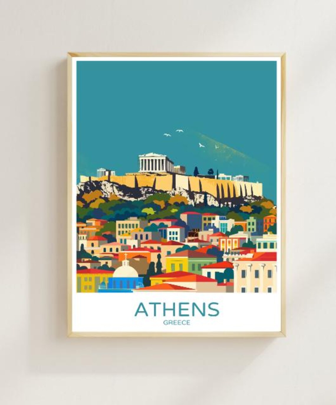 Athens Greece Travel Poster Acropolis Parthenon Ruins Vintage City Decor