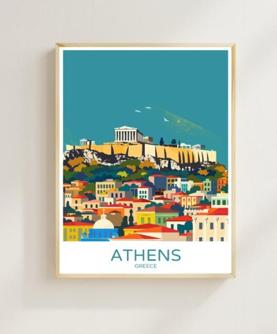 Athens Greece Travel Poster Acropolis Parthenon Ruins Vintage City Decor